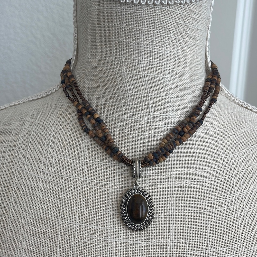 Vintage Avon Tigers Eye Wood Beaded Silver Plates Necklace